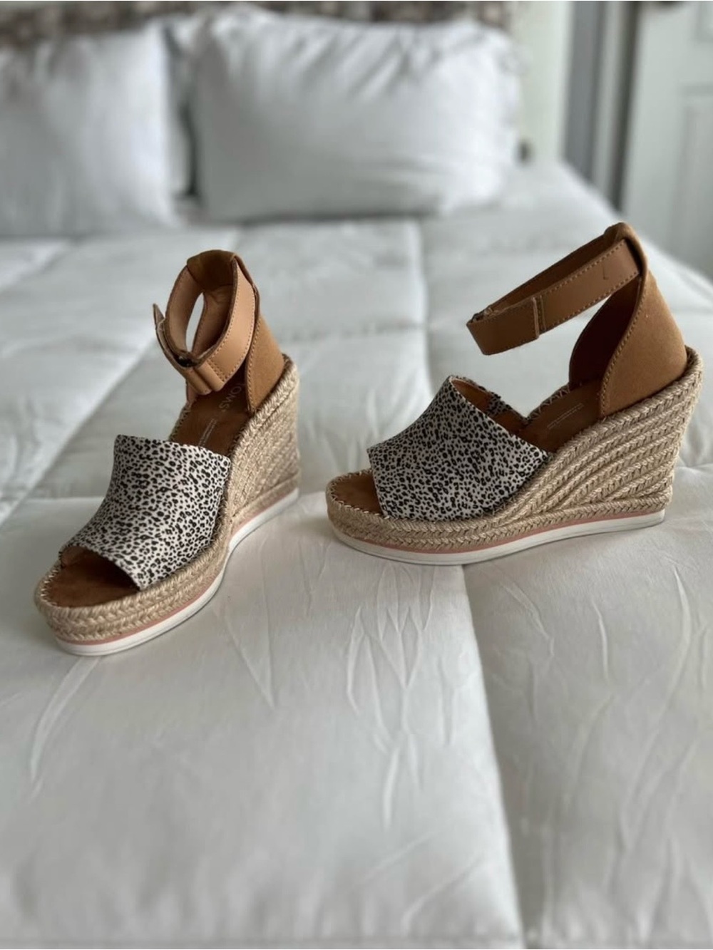 Toms Leopard-Print Espadrille Wedges with Tan Ankle Strap